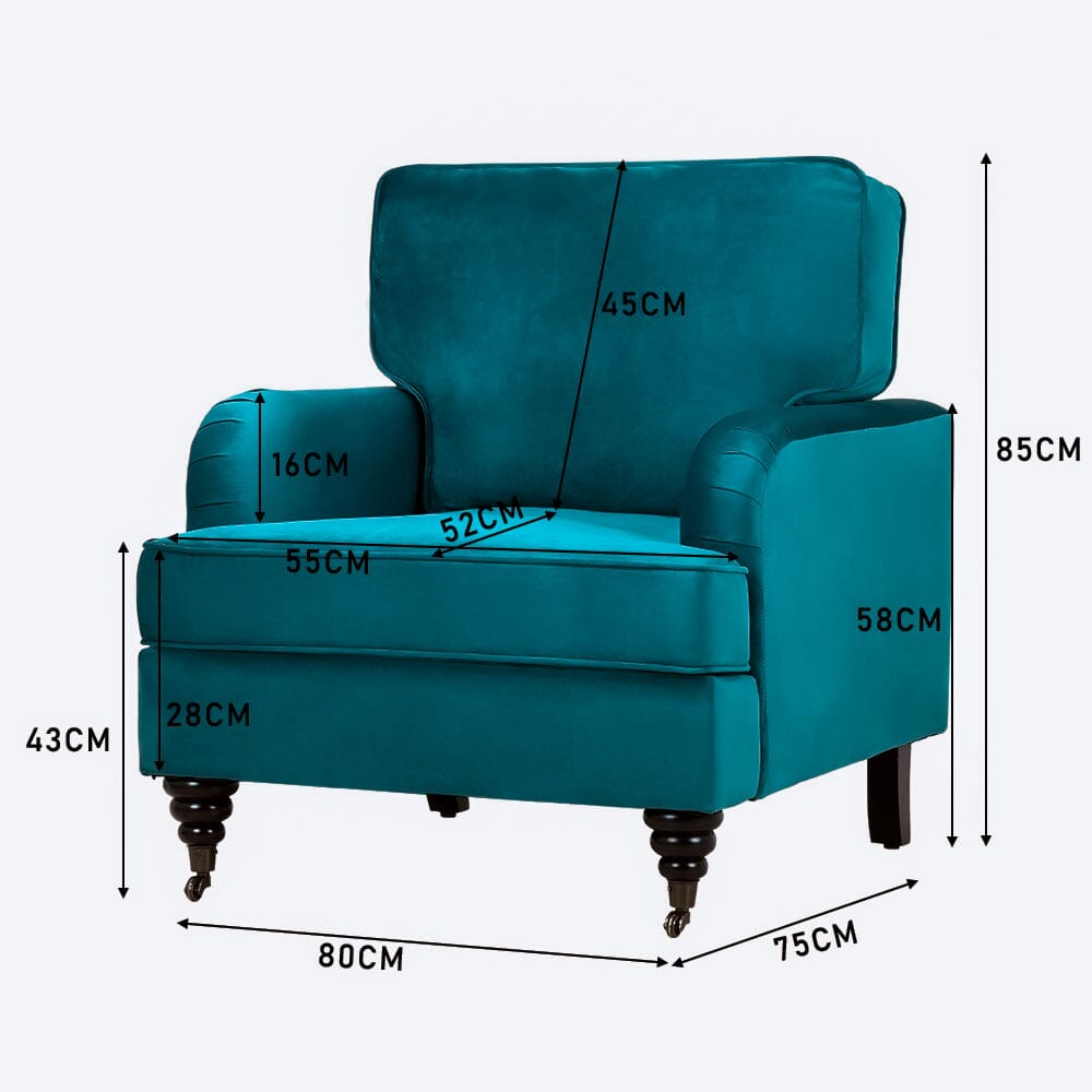 85cm Height Teal Velvet Padded Armchair with Removable Cushion - House Comfort