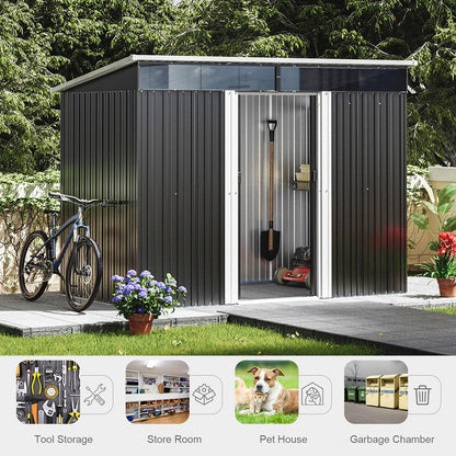 8.5X4ft/ 8.5X6ft Metal Garden Bike Sheds Storage Shed with Lockable Sliding Doors - House Comfort