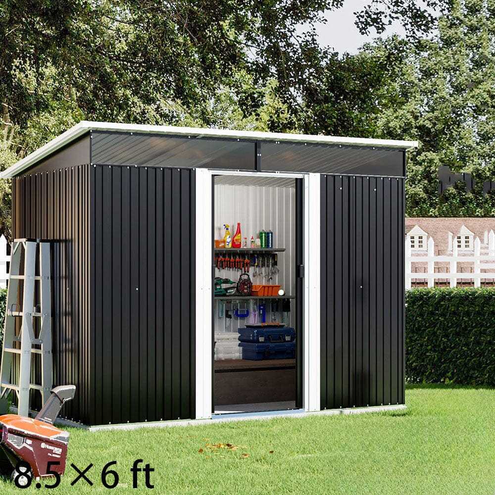 8.5X4ft/ 8.5X6ft Metal Garden Bike Sheds Storage Shed with Lockable Sliding Doors - House Comfort