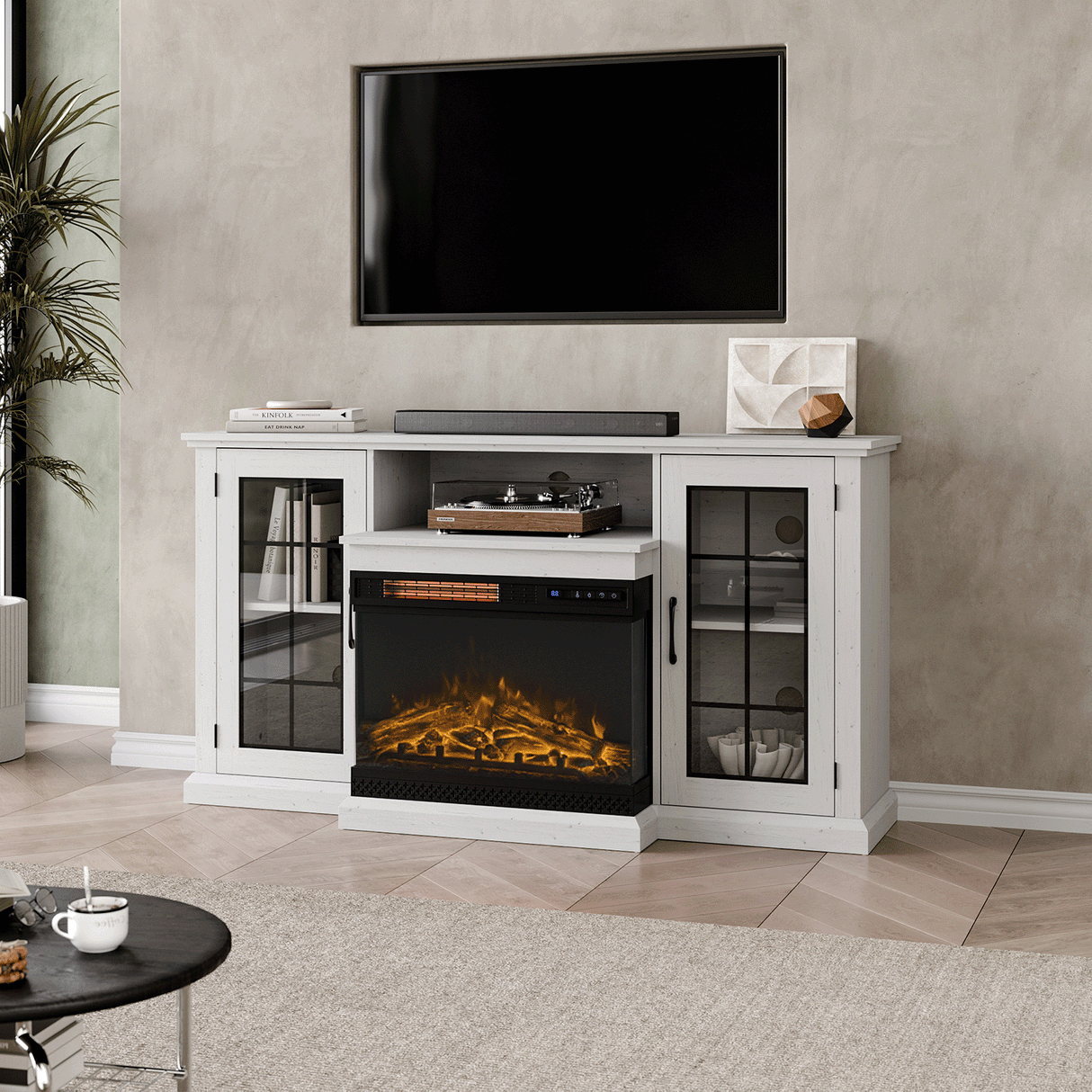 Smallbee Panoramic Glass Fireplace TV Stand with Storage Cabinets, Customizable Flames & Remote Control Velora Boutique