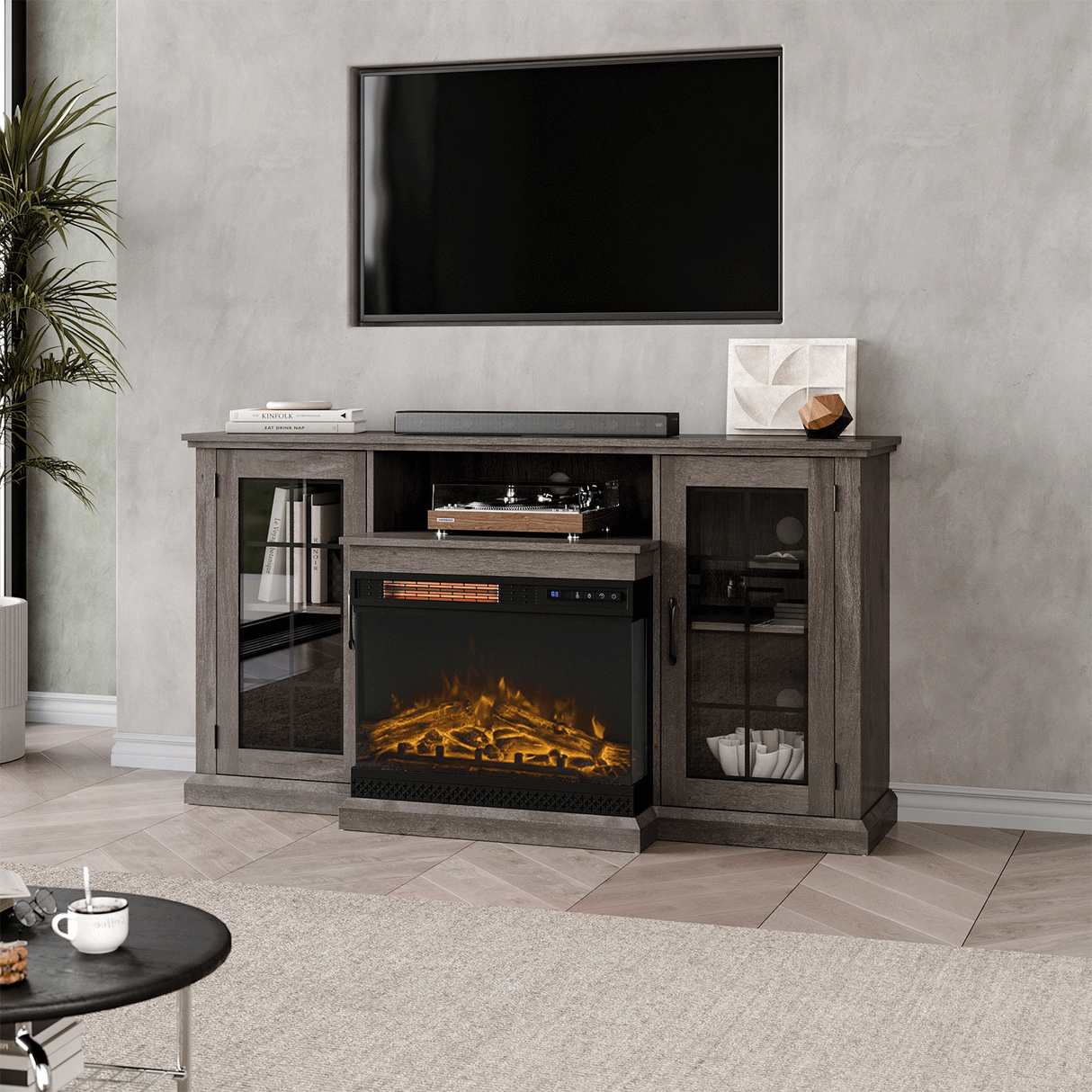 Smallbee Panoramic Glass Fireplace TV Stand with Storage Cabinets, Customizable Flames & Remote Control Velora Boutique
