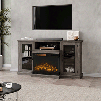 Smallbee Panoramic Glass Fireplace TV Stand with Storage Cabinets, Customizable Flames & Remote Control Velora Boutique