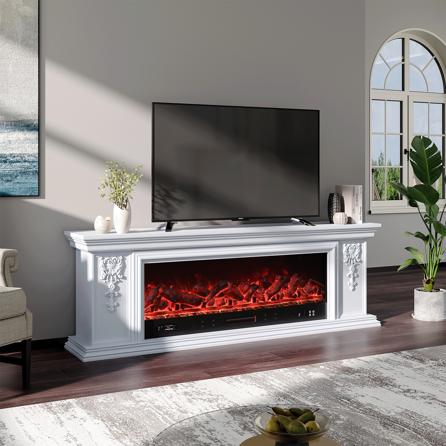 Smallbee Sophisticated White Freestanding Fireplace Mantel TV Stand with Electric Insert Velora Boutique