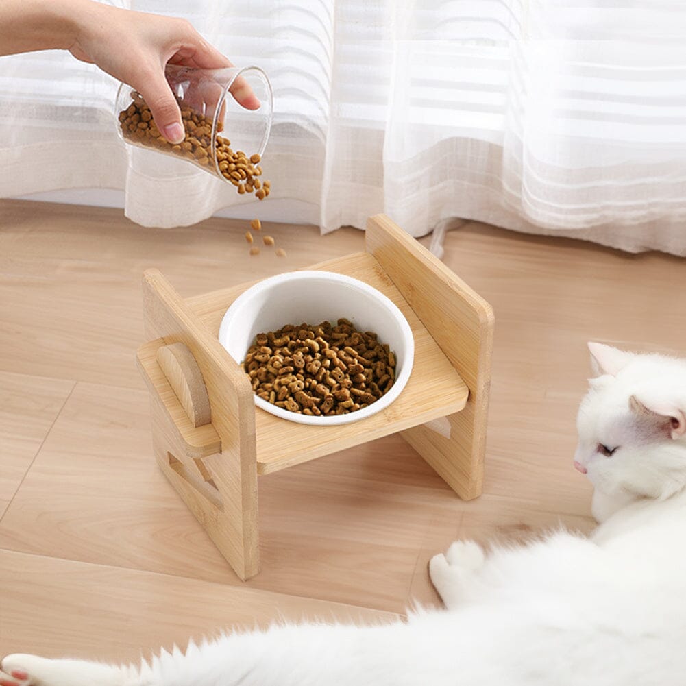 Adjustable Bamboo Single Ceramic Bowl Pet feeder - House Comfort
