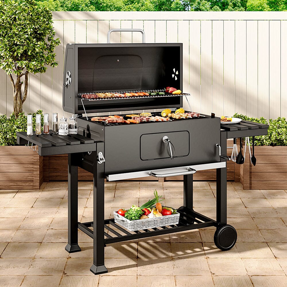 Barrel Charcoal Outdoor Grill Wide 160cm with Side Shelves - House Comfort