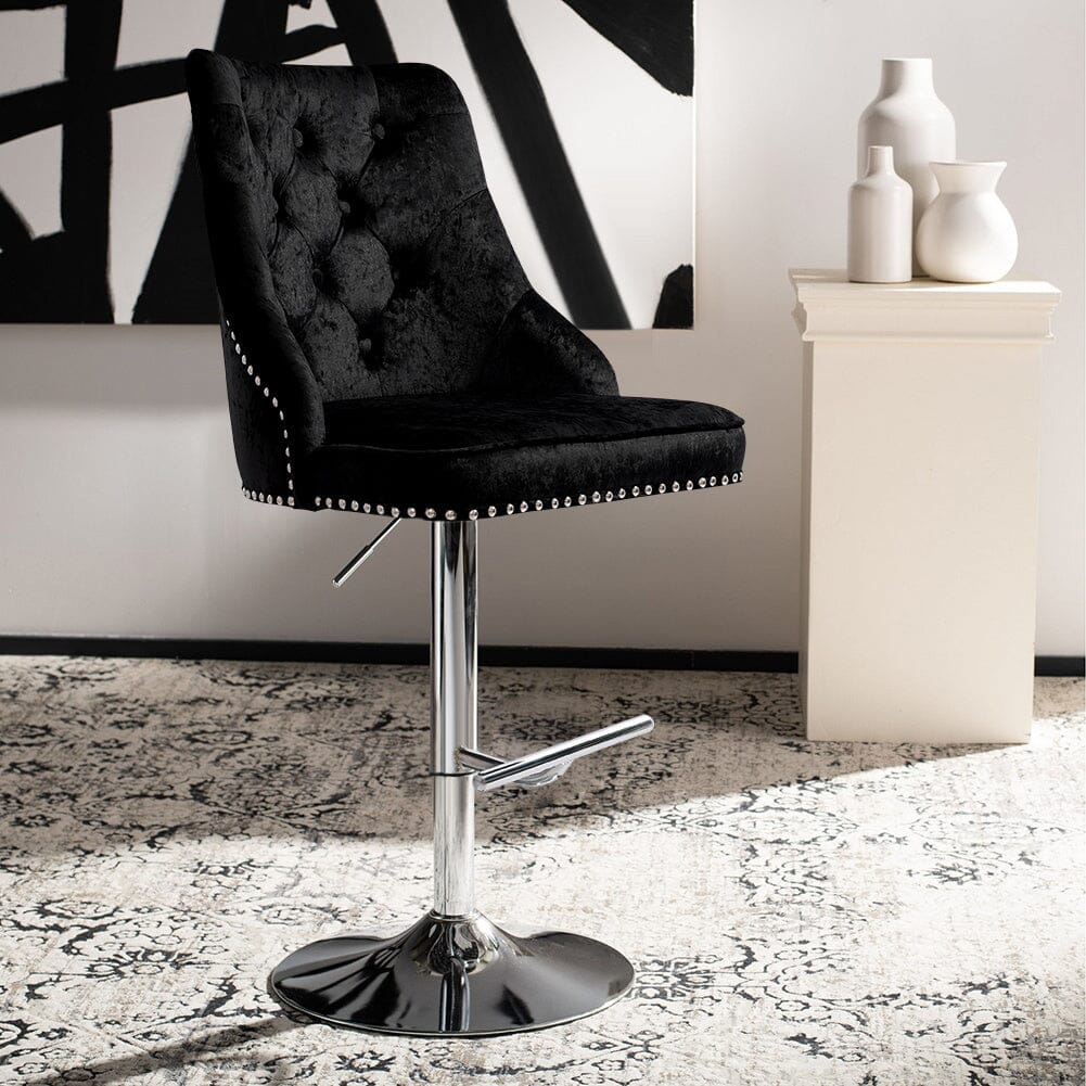 Black Adjustable Bar Stool with Floral Velvet Upholstery - House Comfort