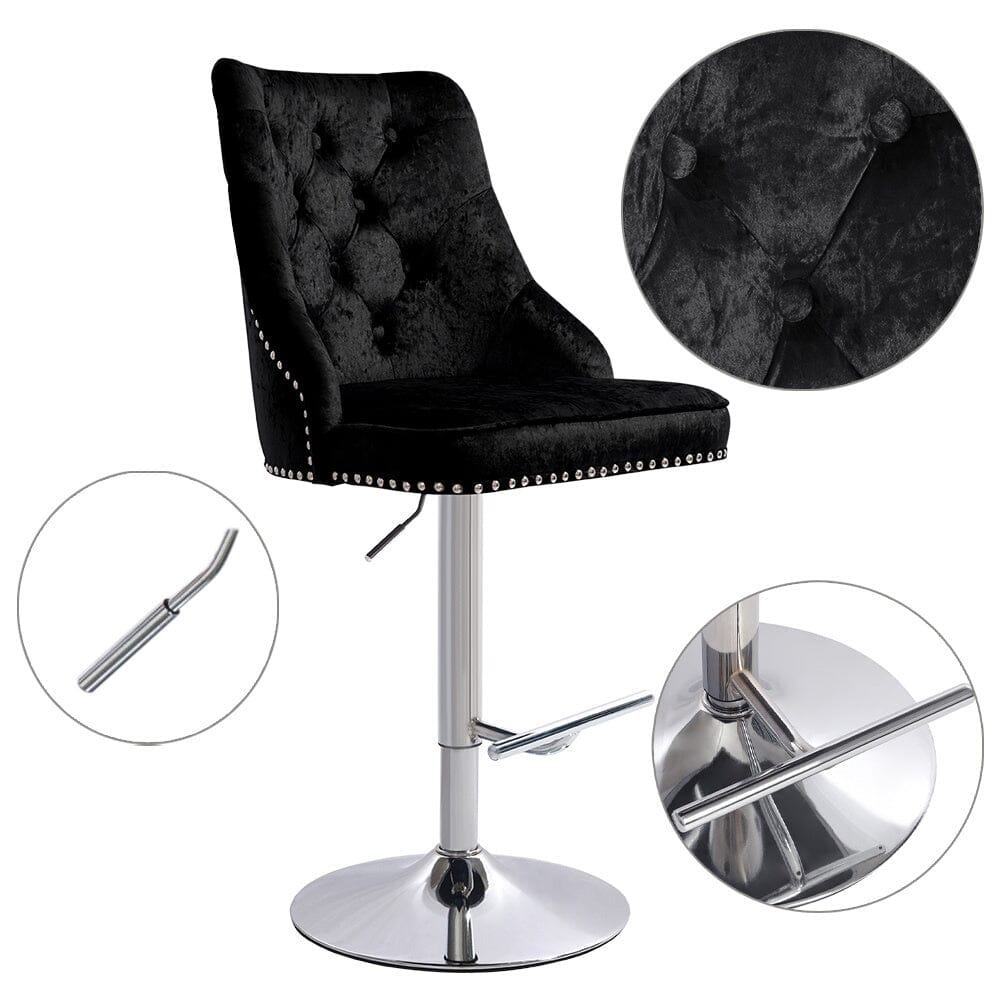 Black Adjustable Bar Stool with Floral Velvet Upholstery - House Comfort