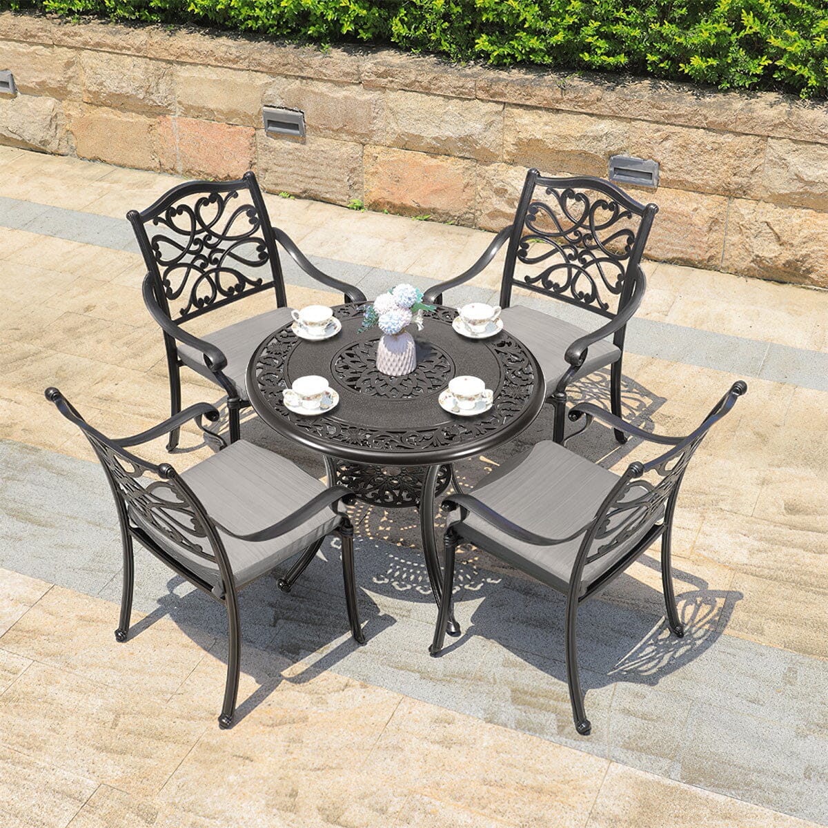 Black Cast Aluminum Round Patio Dining Table with Umbrella Hole - House Comfort