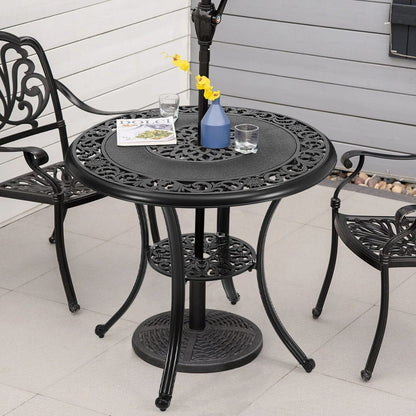 Black Cast Aluminum Round Patio Dining Table with Umbrella Hole - House Comfort