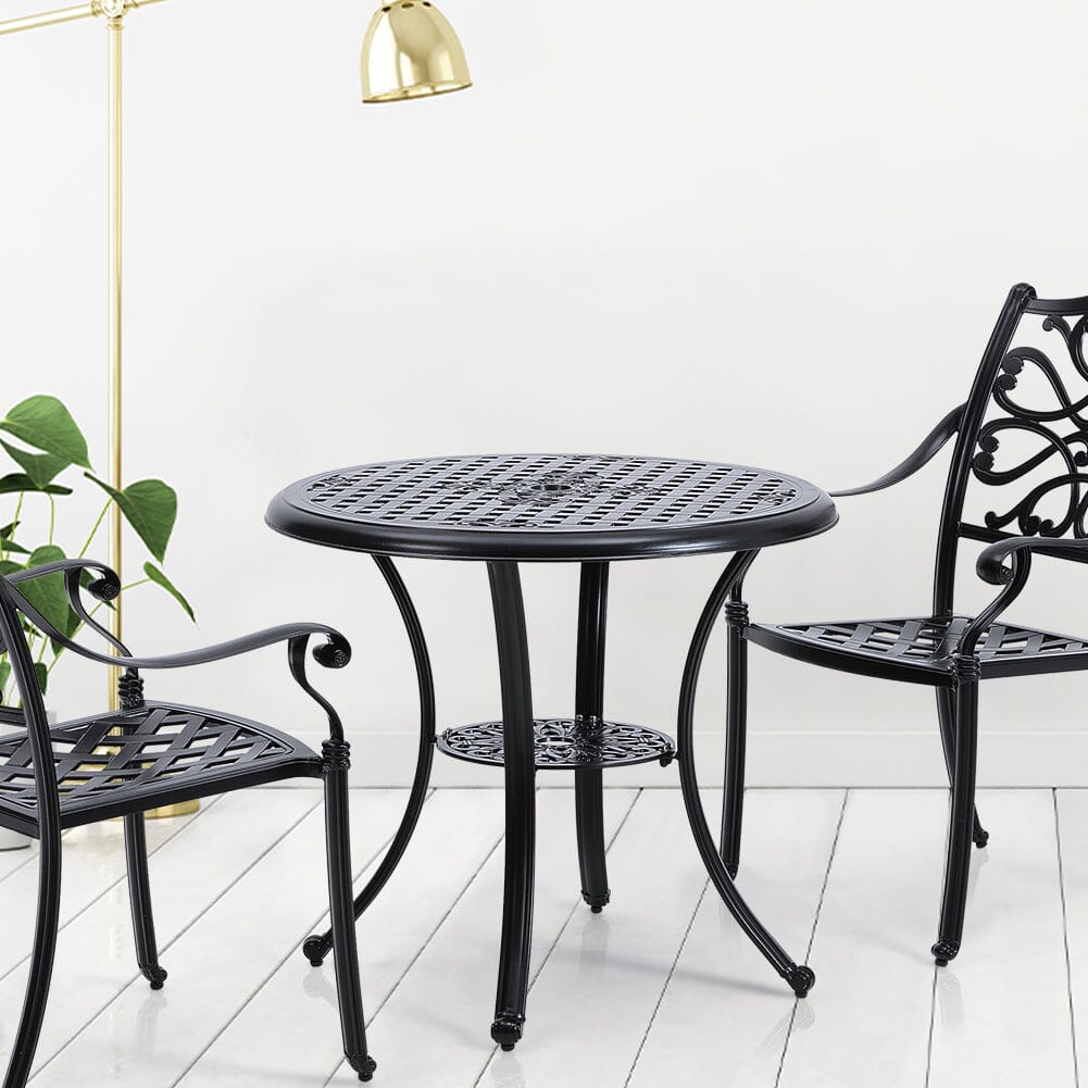Black Cast Aluminum Round Patio Dining Table with Umbrella Hole - House Comfort
