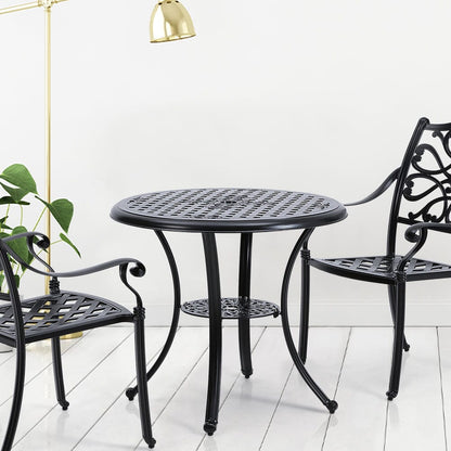 Black Cast Aluminum Round Patio Dining Table with Umbrella Hole - House Comfort