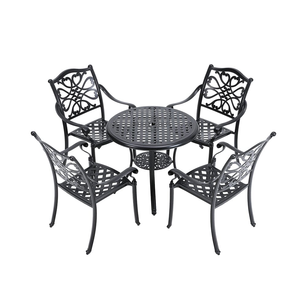Black Cast Aluminum Round Patio Dining Table with Umbrella Hole - House Comfort