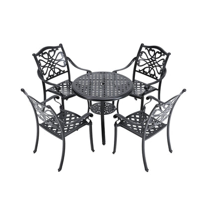 Black Cast Aluminum Round Patio Dining Table with Umbrella Hole - House Comfort