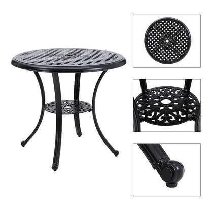 Black Cast Aluminum Round Patio Dining Table with Umbrella Hole - House Comfort