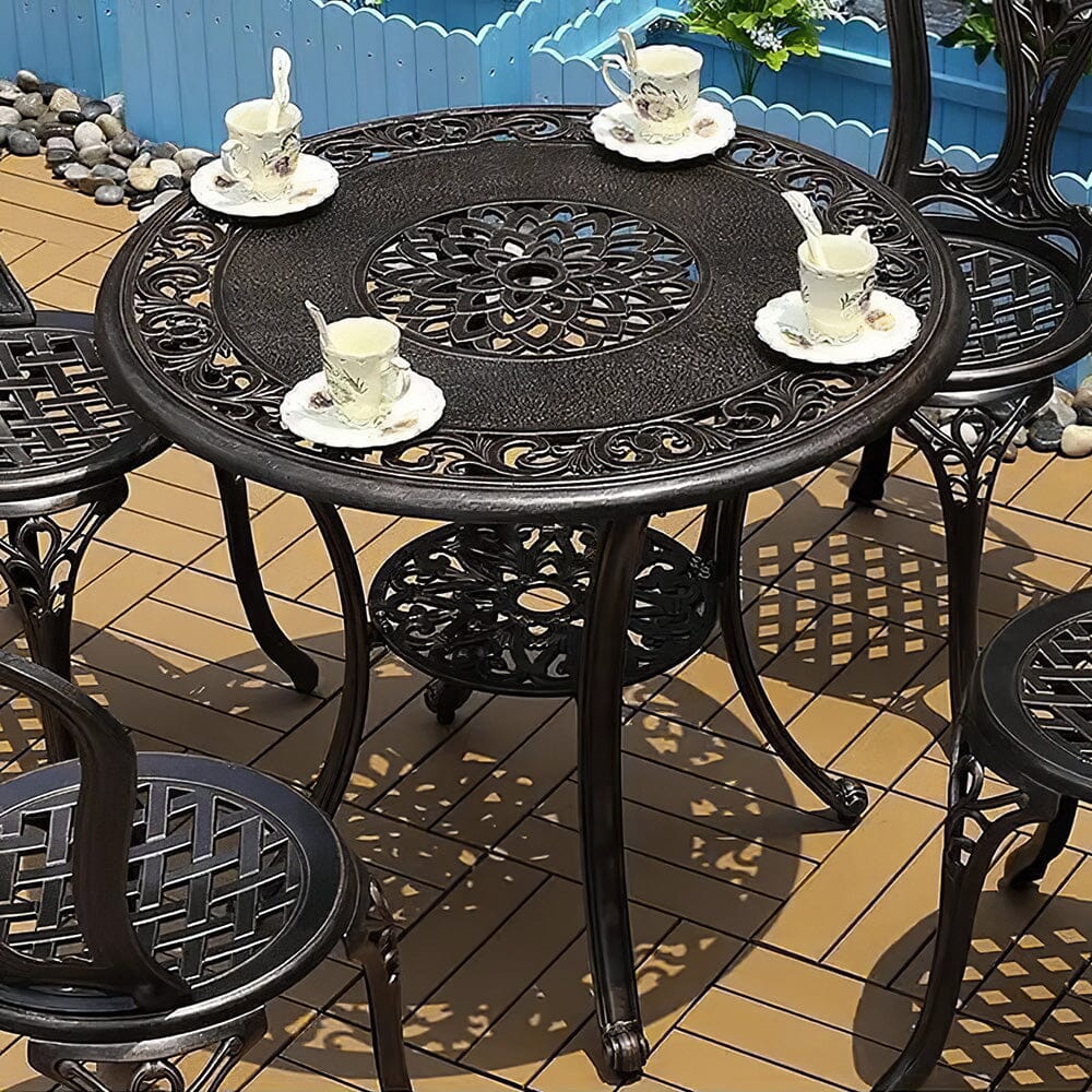 Black Cast Aluminum Round Patio Dining Table with Umbrella Hole - House Comfort