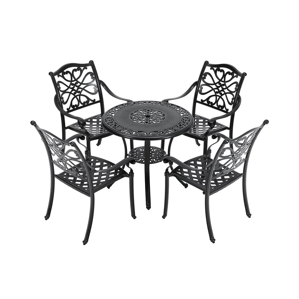 Black Cast Aluminum Round Patio Dining Table with Umbrella Hole - House Comfort