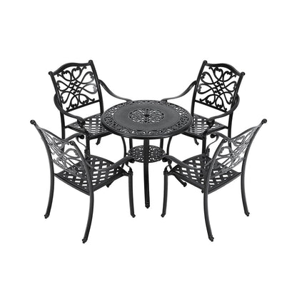 Black Cast Aluminum Round Patio Dining Table with Umbrella Hole - House Comfort