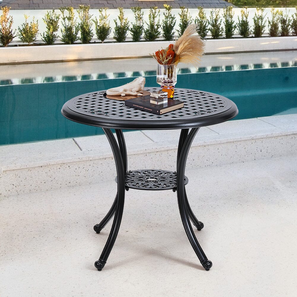 Black Cast Aluminum Round Patio Dining Table with Umbrella Hole - House Comfort