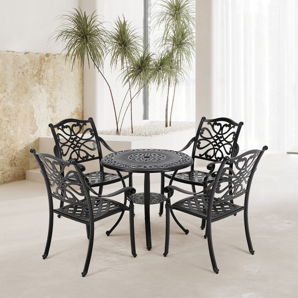Black Cast Aluminum Round Patio Dining Table with Umbrella Hole - House Comfort