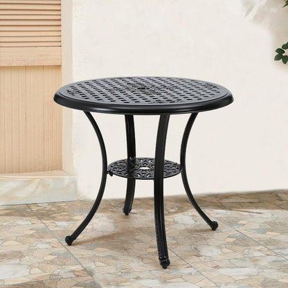 Black Cast Aluminum Round Patio Dining Table with Umbrella Hole - House Comfort