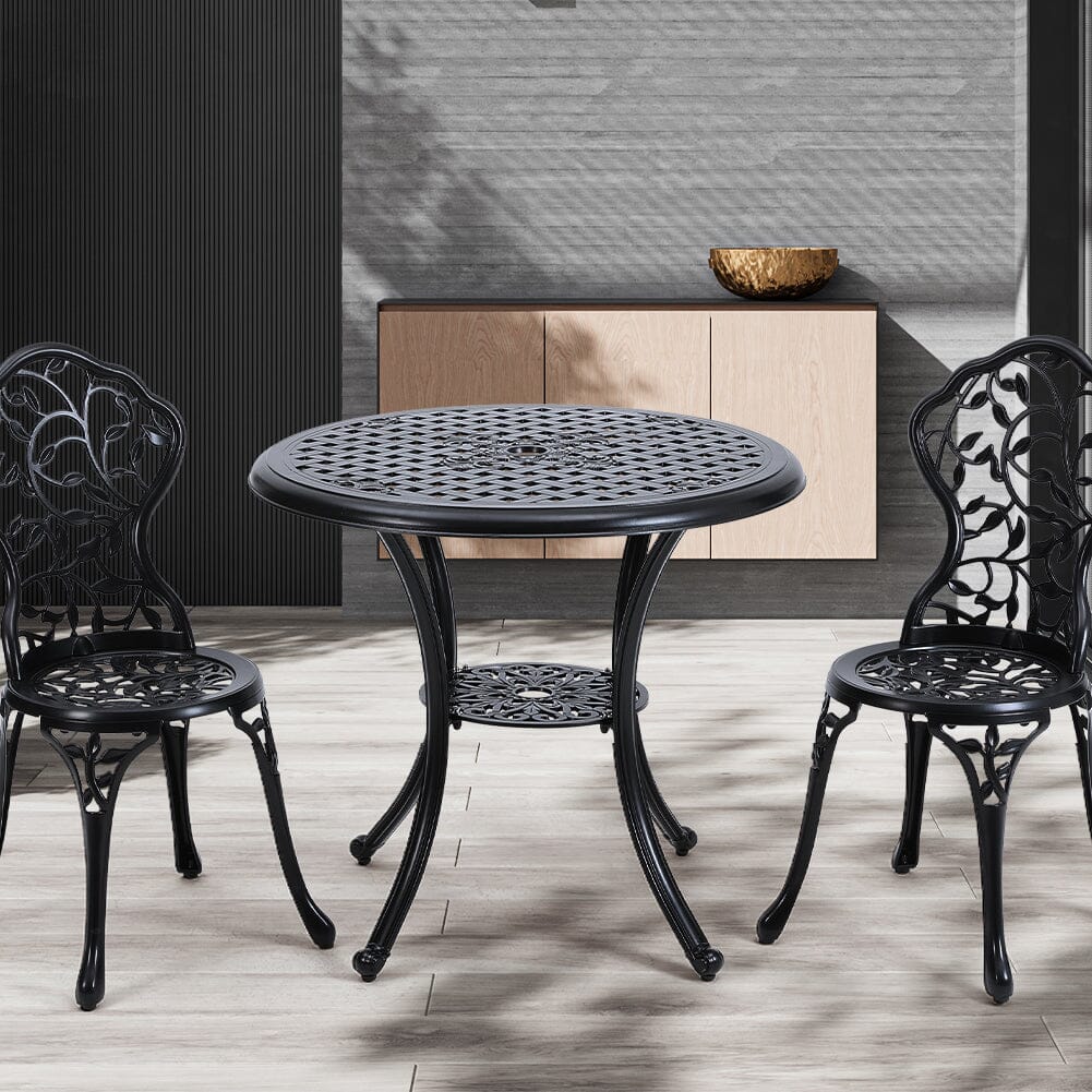 Black Cast Aluminum Round Patio Dining Table with Umbrella Hole - House Comfort