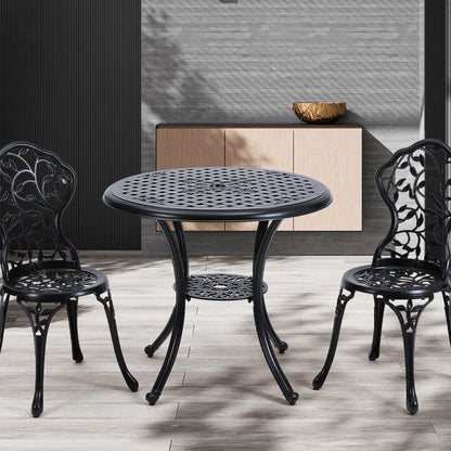 Black Cast Aluminum Round Patio Dining Table with Umbrella Hole - House Comfort
