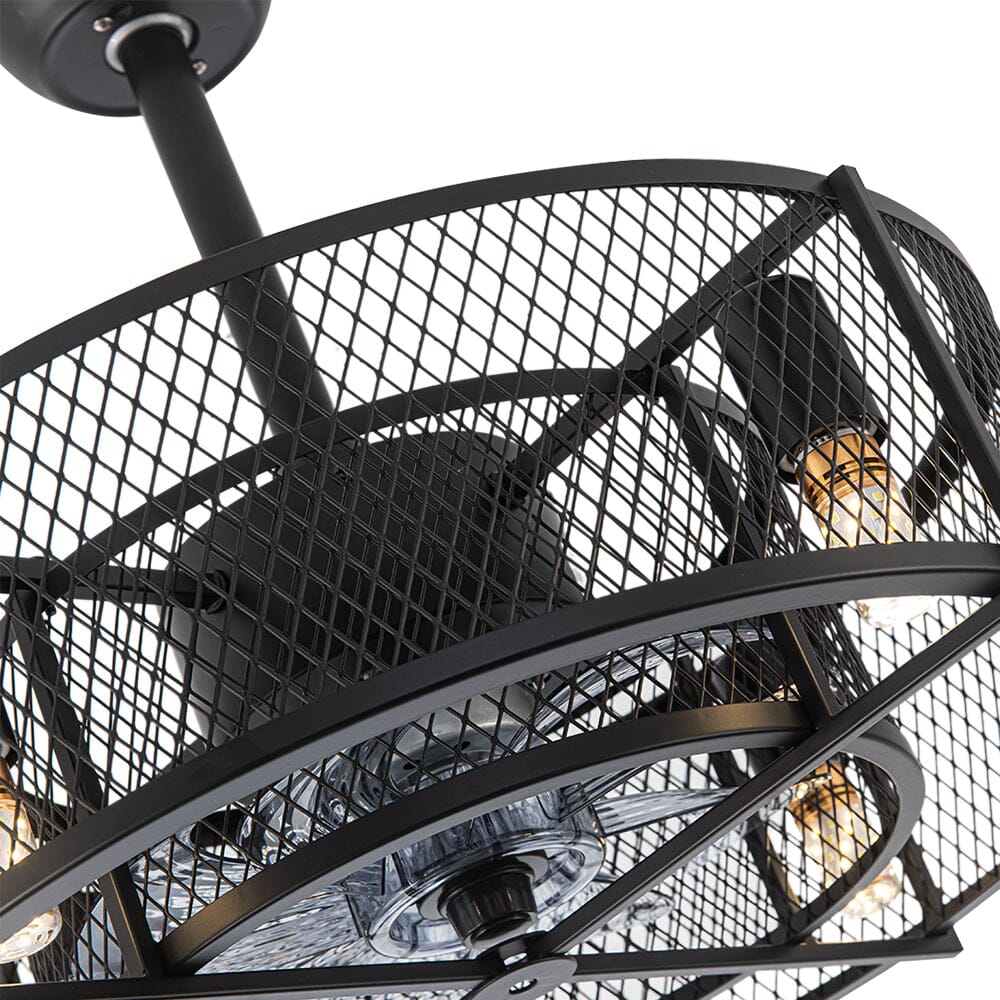 Black Ceiling Fan with 30W Light Wind Pendant with Metal Mesh Cage - House Comfort