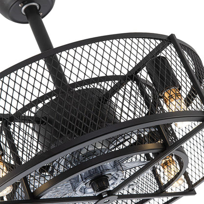 Black Ceiling Fan with 30W Light Wind Pendant with Metal Mesh Cage - House Comfort