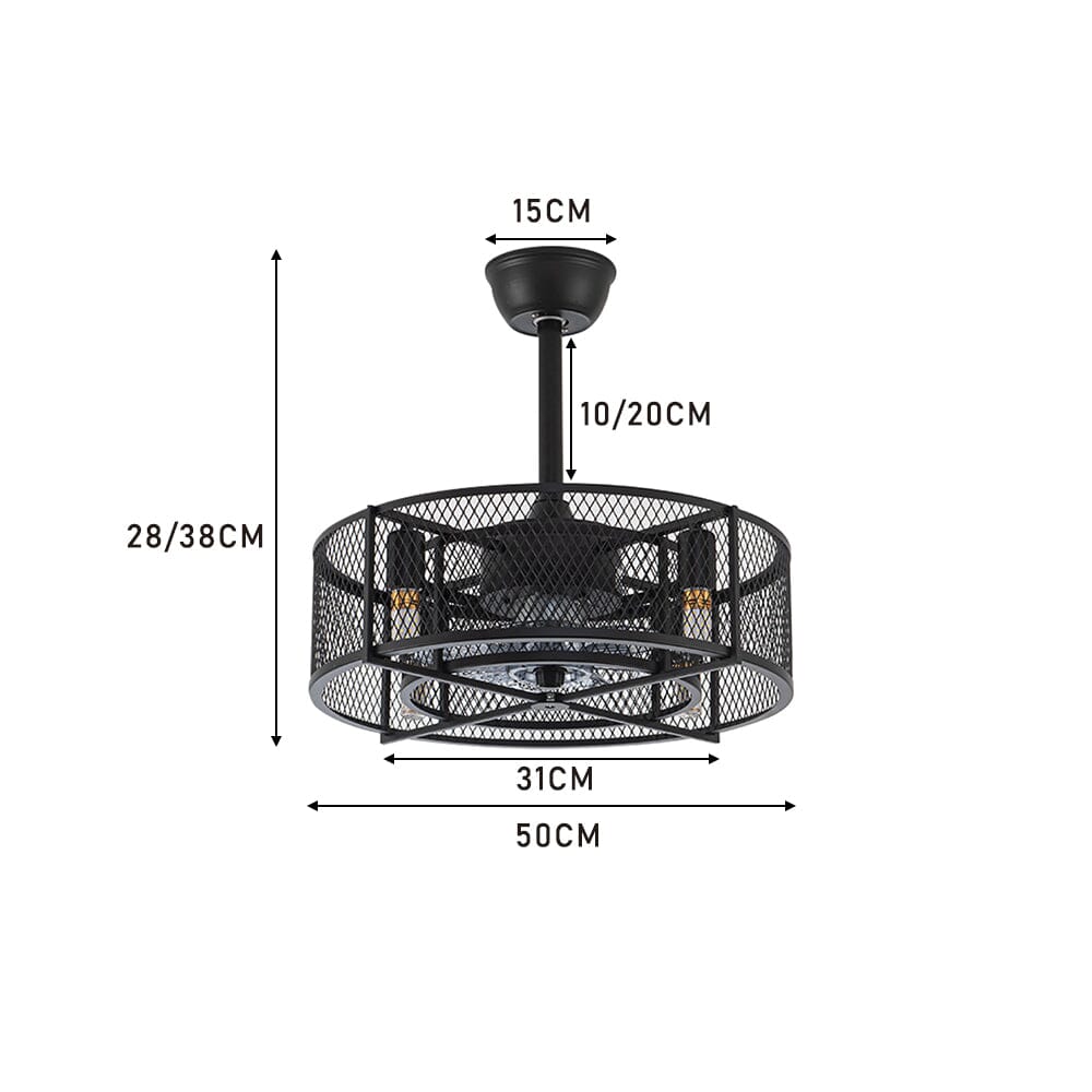 Black Ceiling Fan with 30W Light Wind Pendant with Metal Mesh Cage - House Comfort