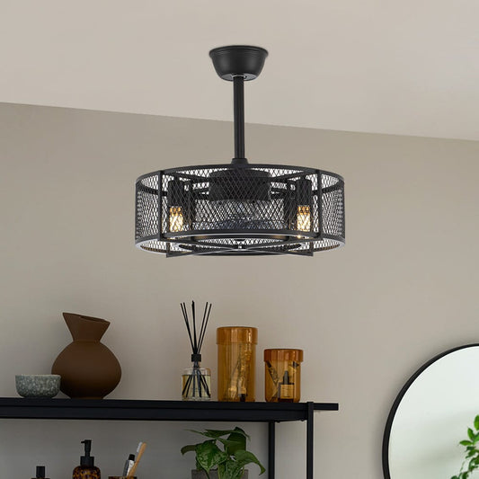 Black Ceiling Fan with 30W Light Wind Pendant with Metal Mesh Cage - House Comfort