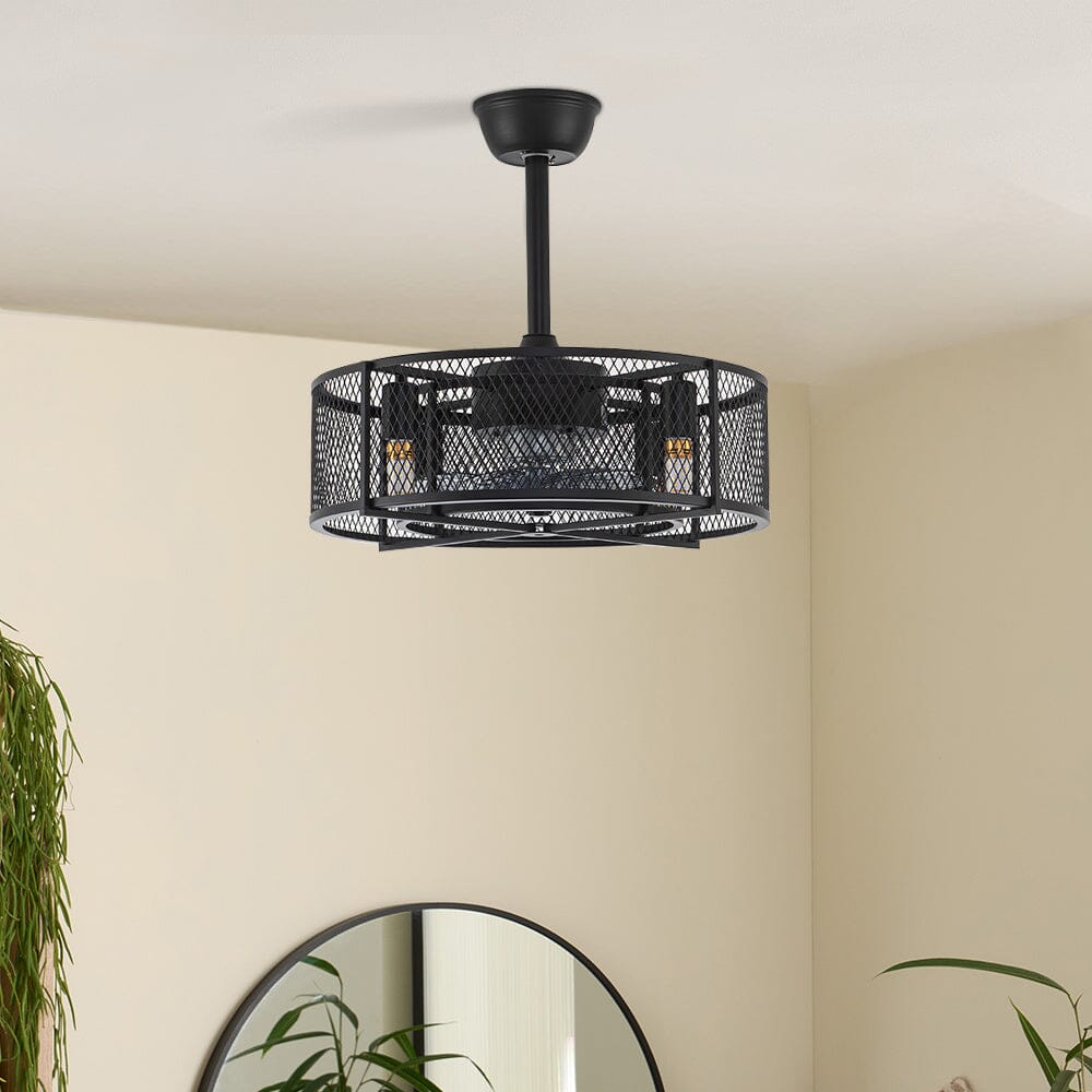 Black Ceiling Fan with 30W Light Wind Pendant with Metal Mesh Cage - House Comfort