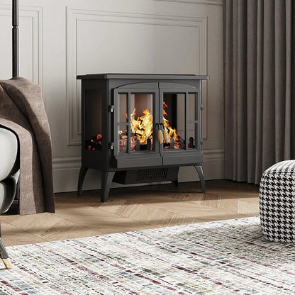 Black Freestanding Electric Fireplace Heater with Adjustable Flame Brightness - House Comfort