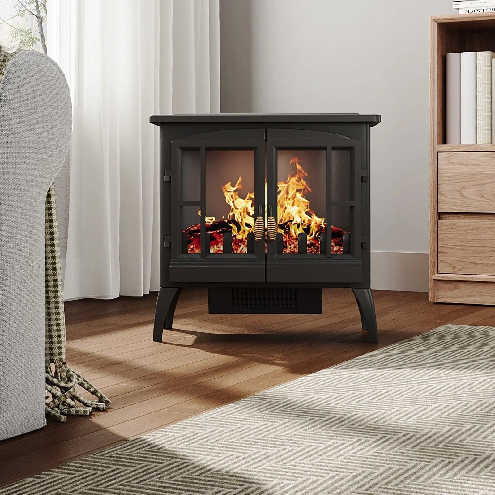 Black Freestanding Electric Fireplace Heater with Adjustable Flame Brightness - House Comfort