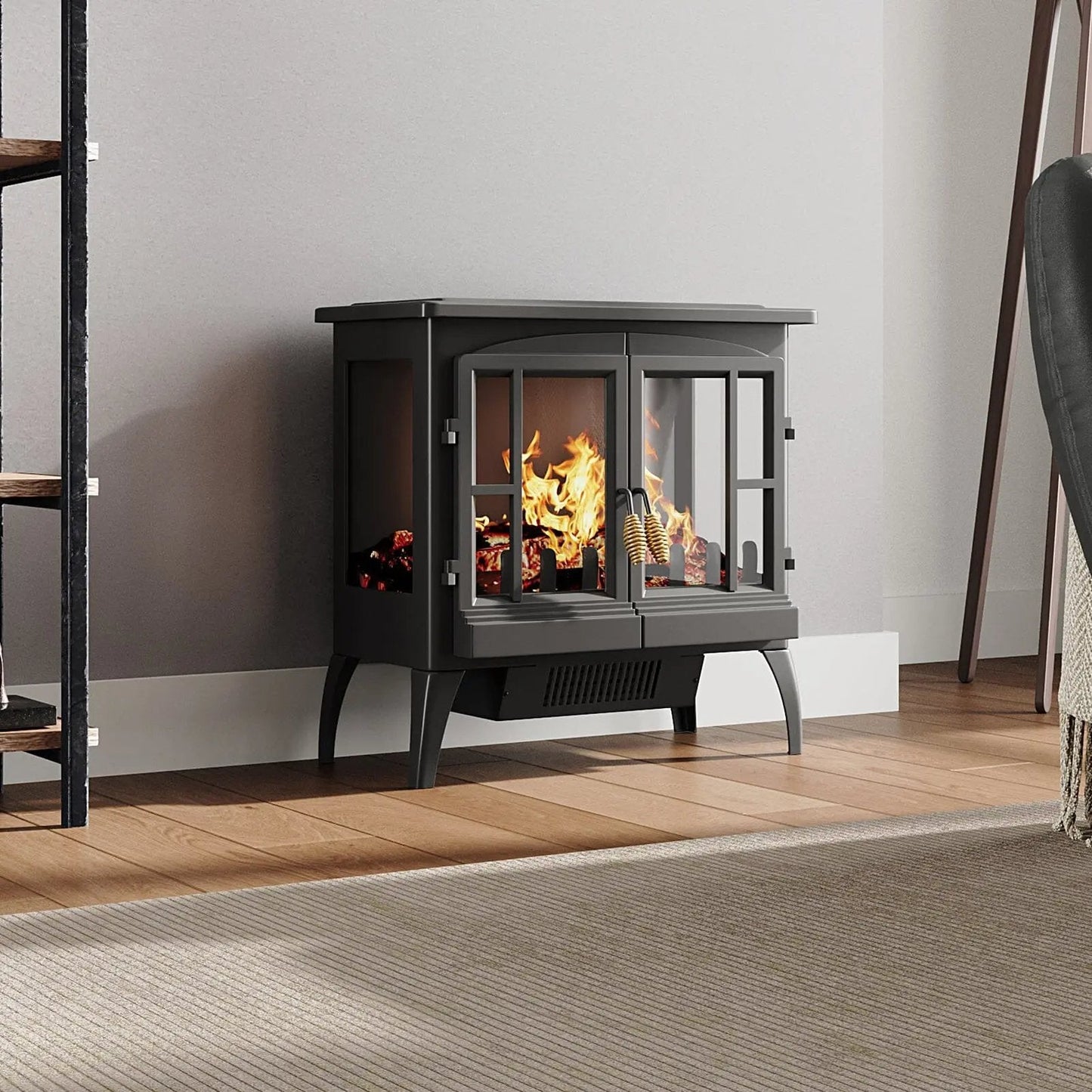 Black Freestanding Electric Fireplace Heater with Adjustable Flame Brightness - House Comfort