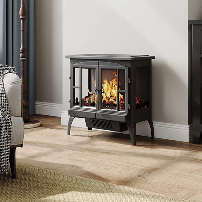 Black Freestanding Electric Fireplace Heater with Adjustable Flame Brightness - House Comfort
