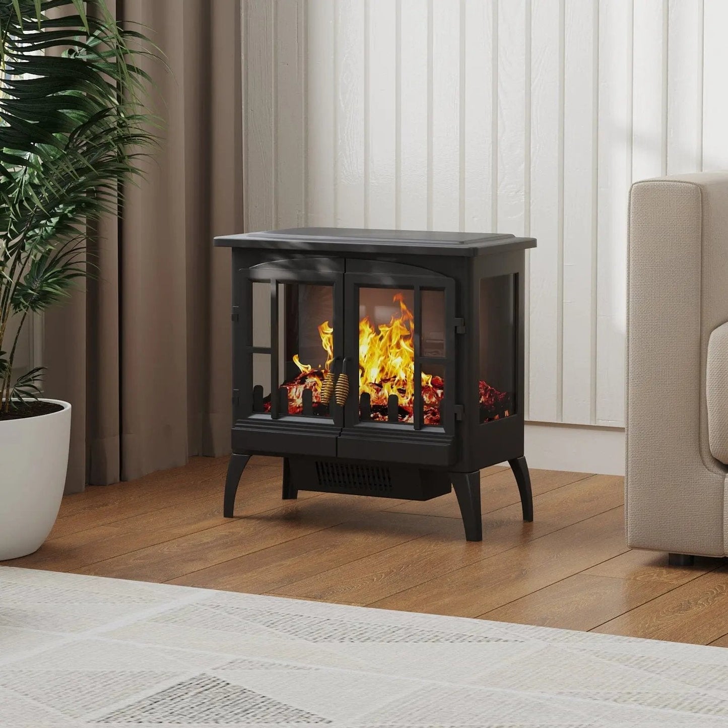 Black Freestanding Electric Fireplace Heater with Adjustable Flame Brightness - House Comfort
