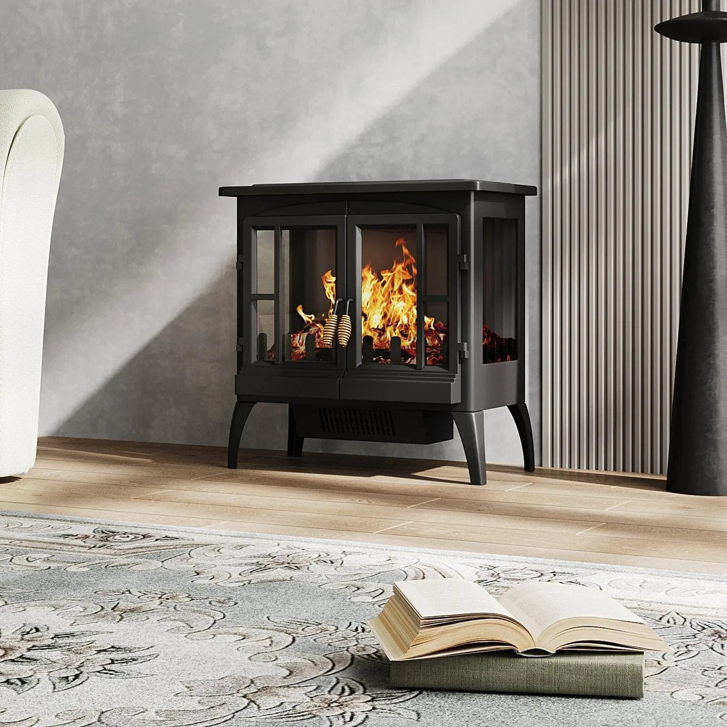Black Freestanding Electric Fireplace Heater with Adjustable Flame Brightness - House Comfort
