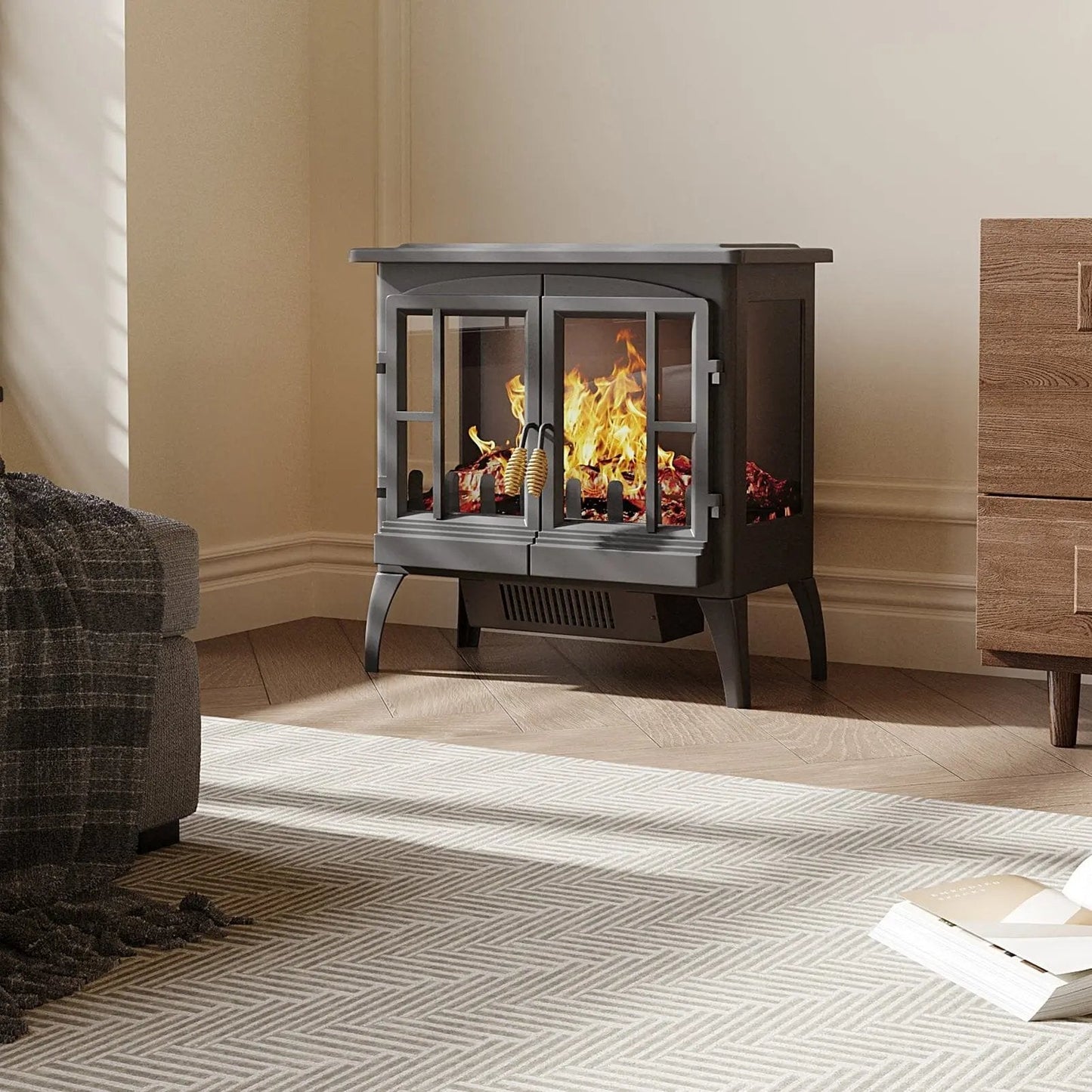 Black Freestanding Electric Fireplace Heater with Adjustable Flame Brightness - House Comfort