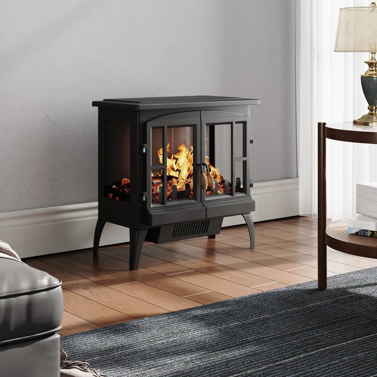 Black Freestanding Electric Fireplace Heater with Adjustable Flame Brightness - House Comfort