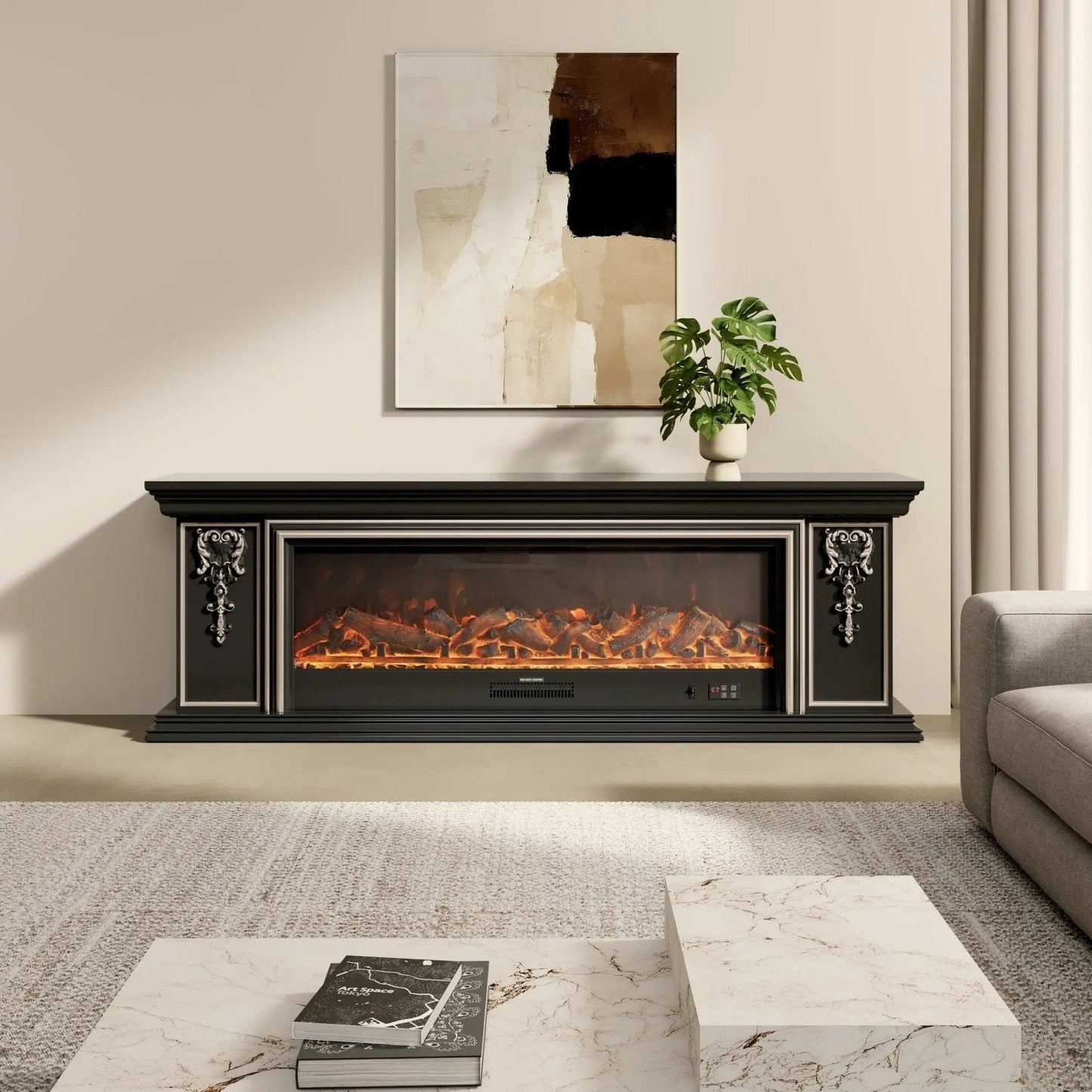 Black Gold Trim TV Cabinet Electric Fireplace with WiFi, APP & Flame Sound - House Comfort