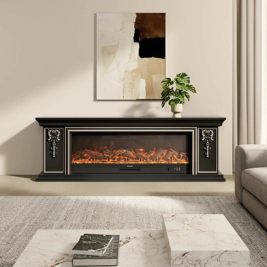 Black Gold Trim TV Cabinet Electric Fireplace with WiFi, APP & Flame Sound - House Comfort