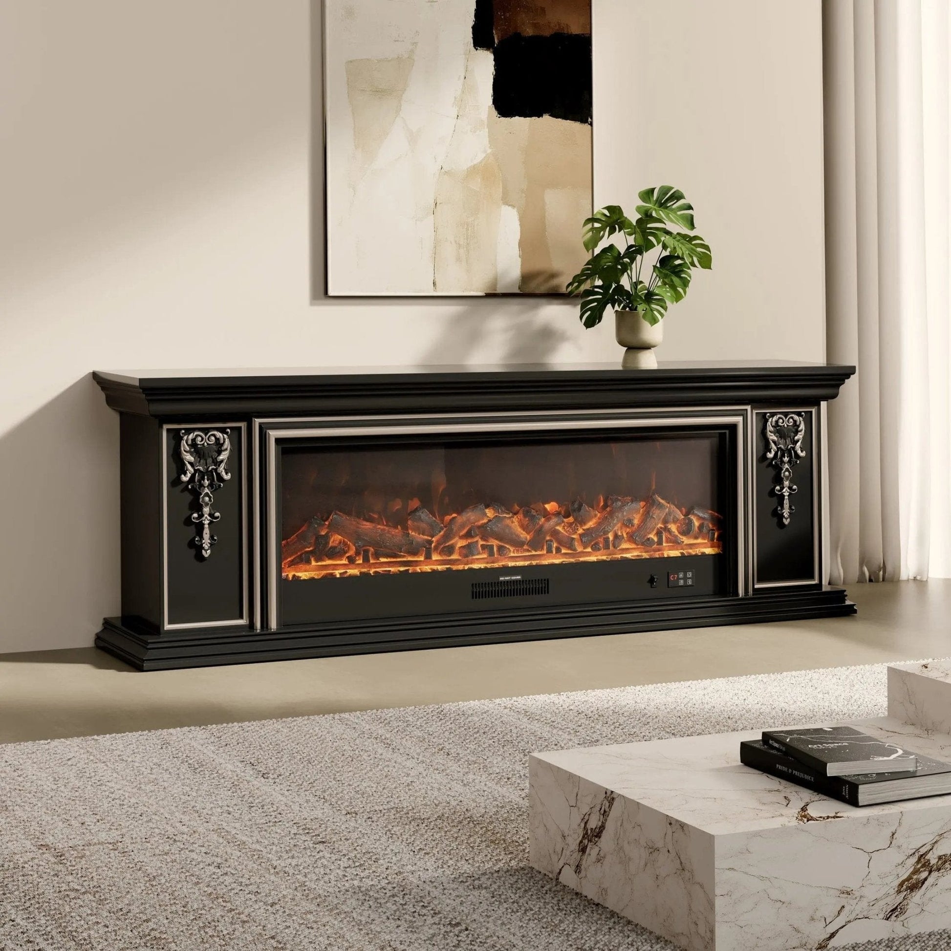 Black Gold Trim TV Cabinet Electric Fireplace with WiFi, APP & Flame Sound - House Comfort