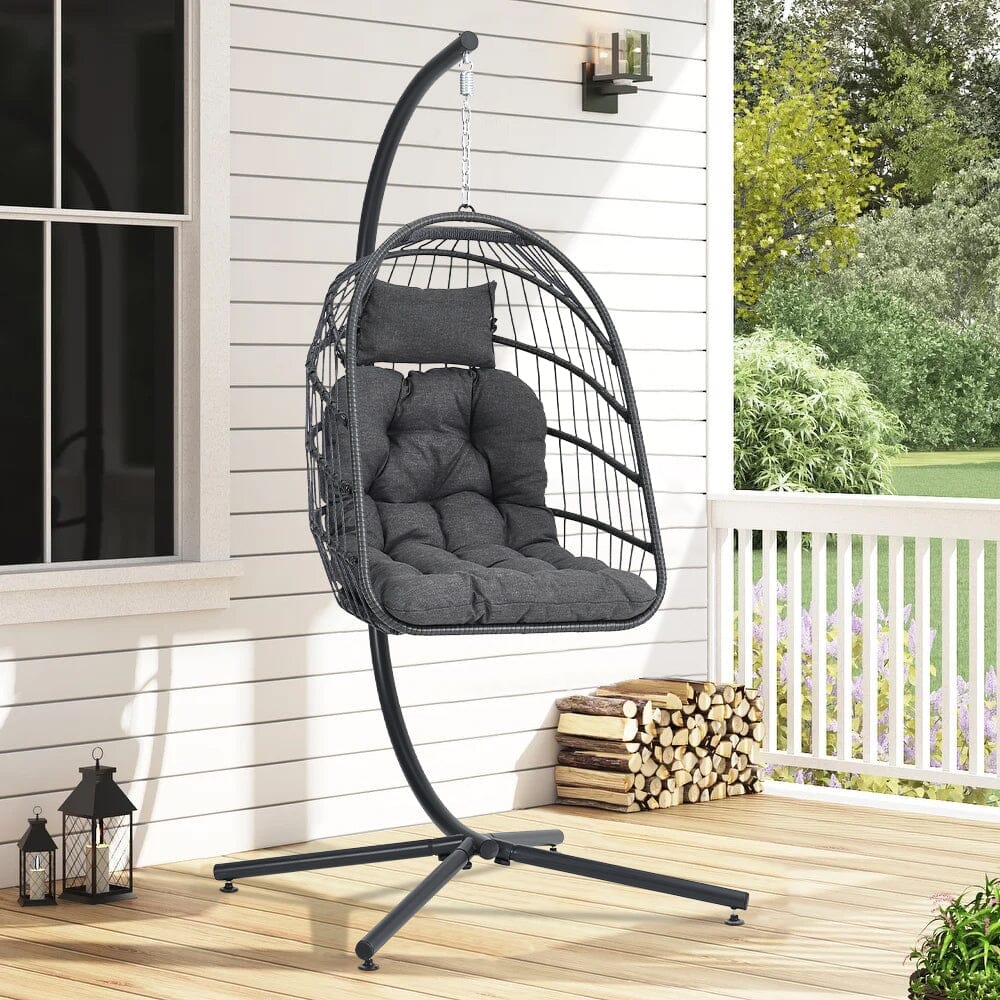Black Rattan Patio Swing Chairs with Stand and Cushion - House Comfort
