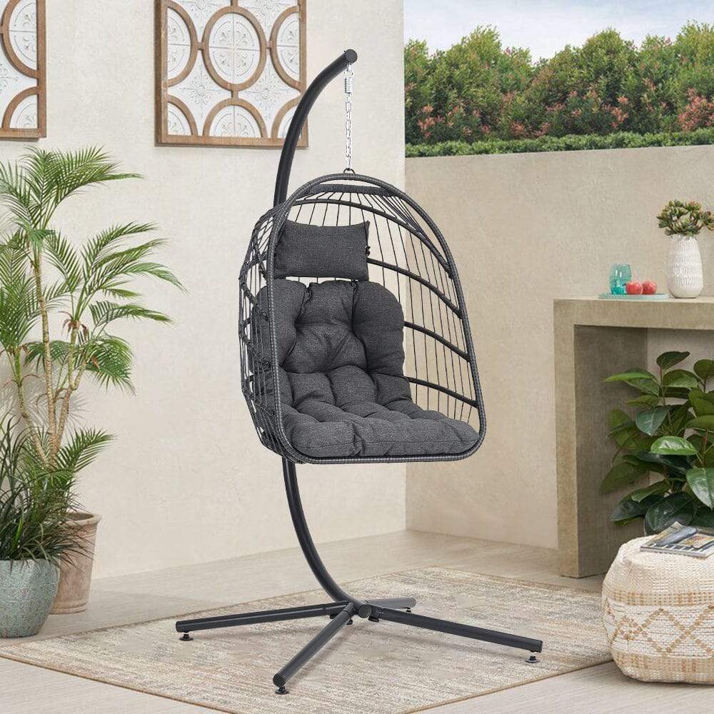Black Rattan Patio Swing Chairs with Stand and Cushion - House Comfort