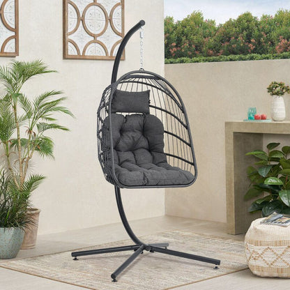 Black Rattan Patio Swing Chairs with Stand and Cushion - House Comfort