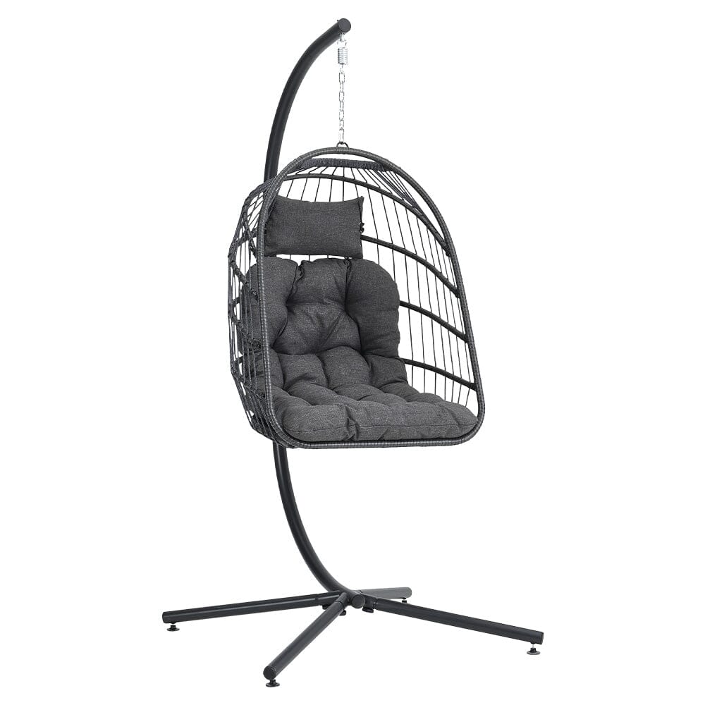Black Rattan Patio Swing Chairs with Stand and Cushion - House Comfort