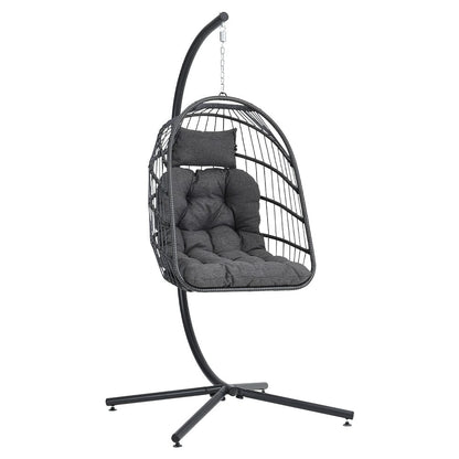 Black Rattan Patio Swing Chairs with Stand and Cushion - House Comfort