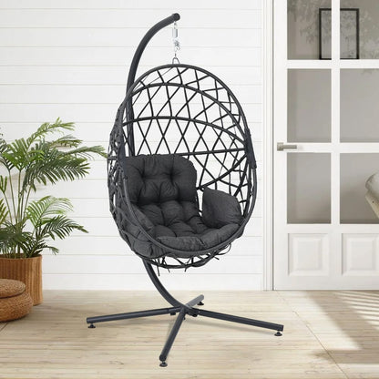 Black Wicker Rattan Swing Basket Chair with Soft Cushion - House Comfort