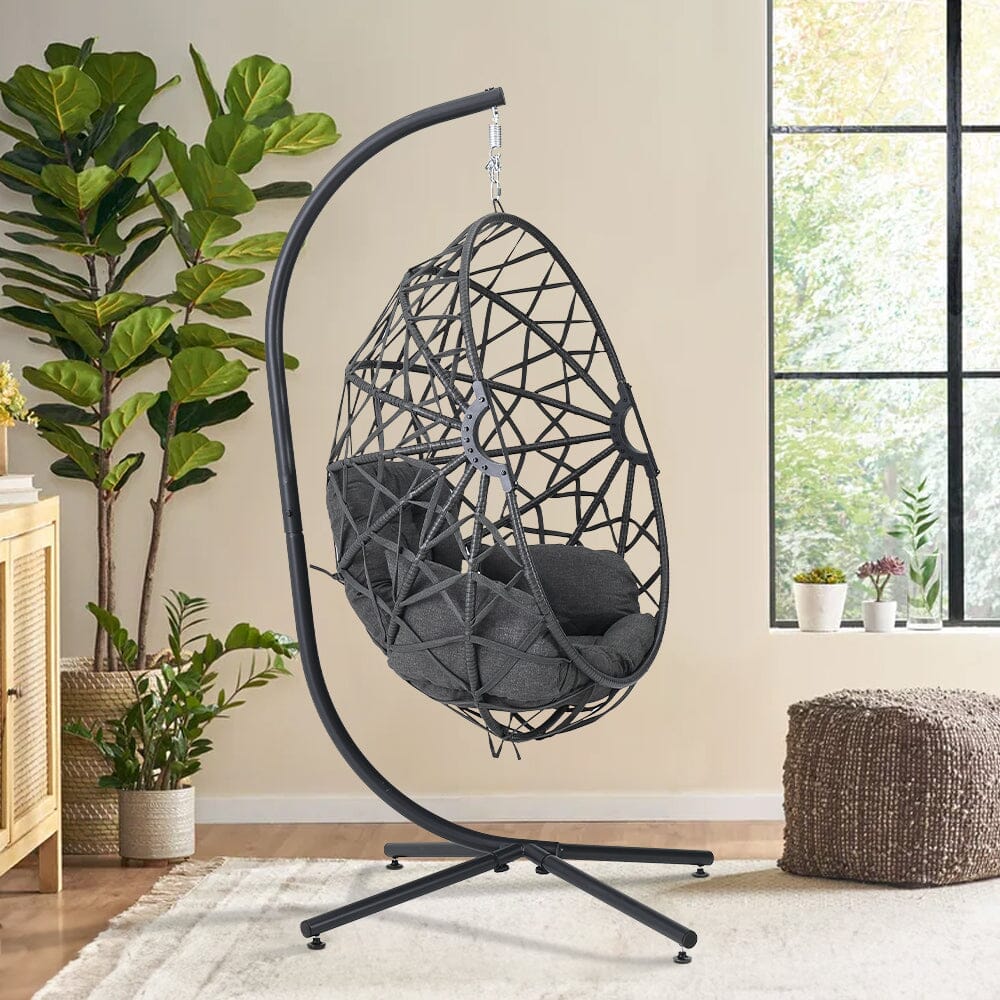 Black Wicker Rattan Swing Basket Chair with Soft Cushion - House Comfort