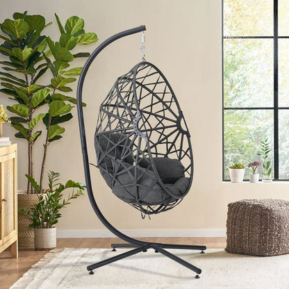 Black Wicker Rattan Swing Basket Chair with Soft Cushion - House Comfort